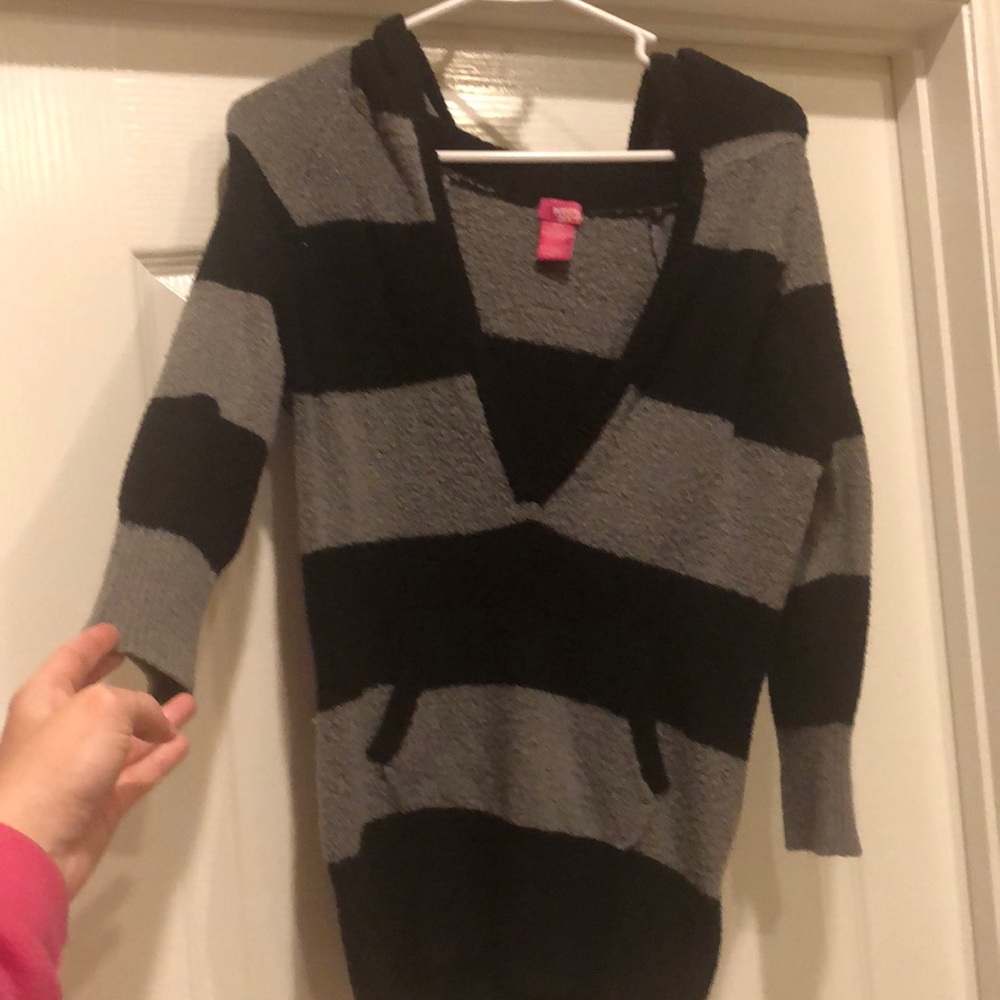 Super soft fuzzy hooded sweater with black and gray stripes